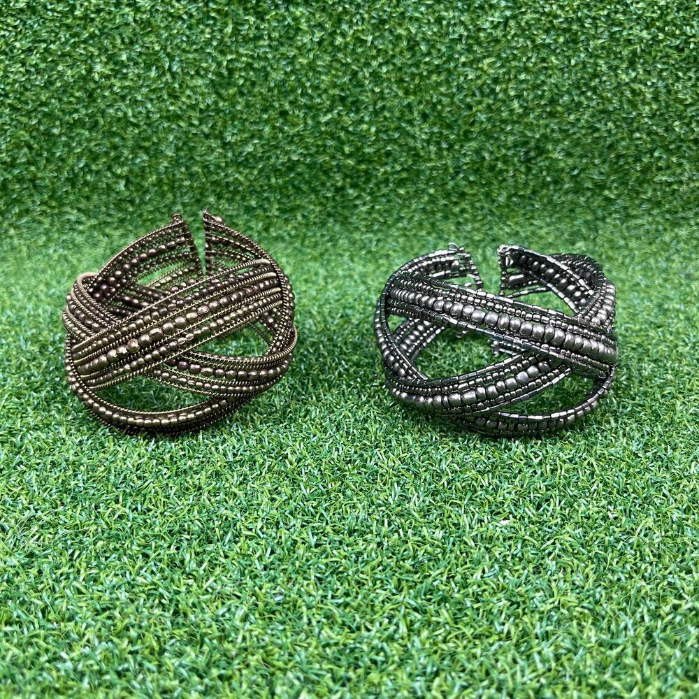 Vintage Bronze Silver Tones Braided Beaded Art Deco Style Cuff Bracelet